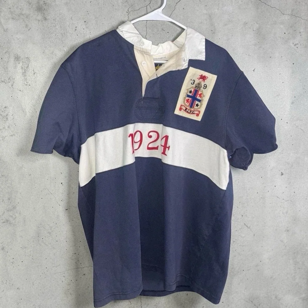 Vintage Rugby Polo Ralph Lauren Mens Navy White Stripe 1924 Crest Size XXL